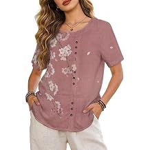 Ladies Tops and Blouses Short Sleeve Linen Tops for Women Loose Fit Crewneck T Shirts with Bottons