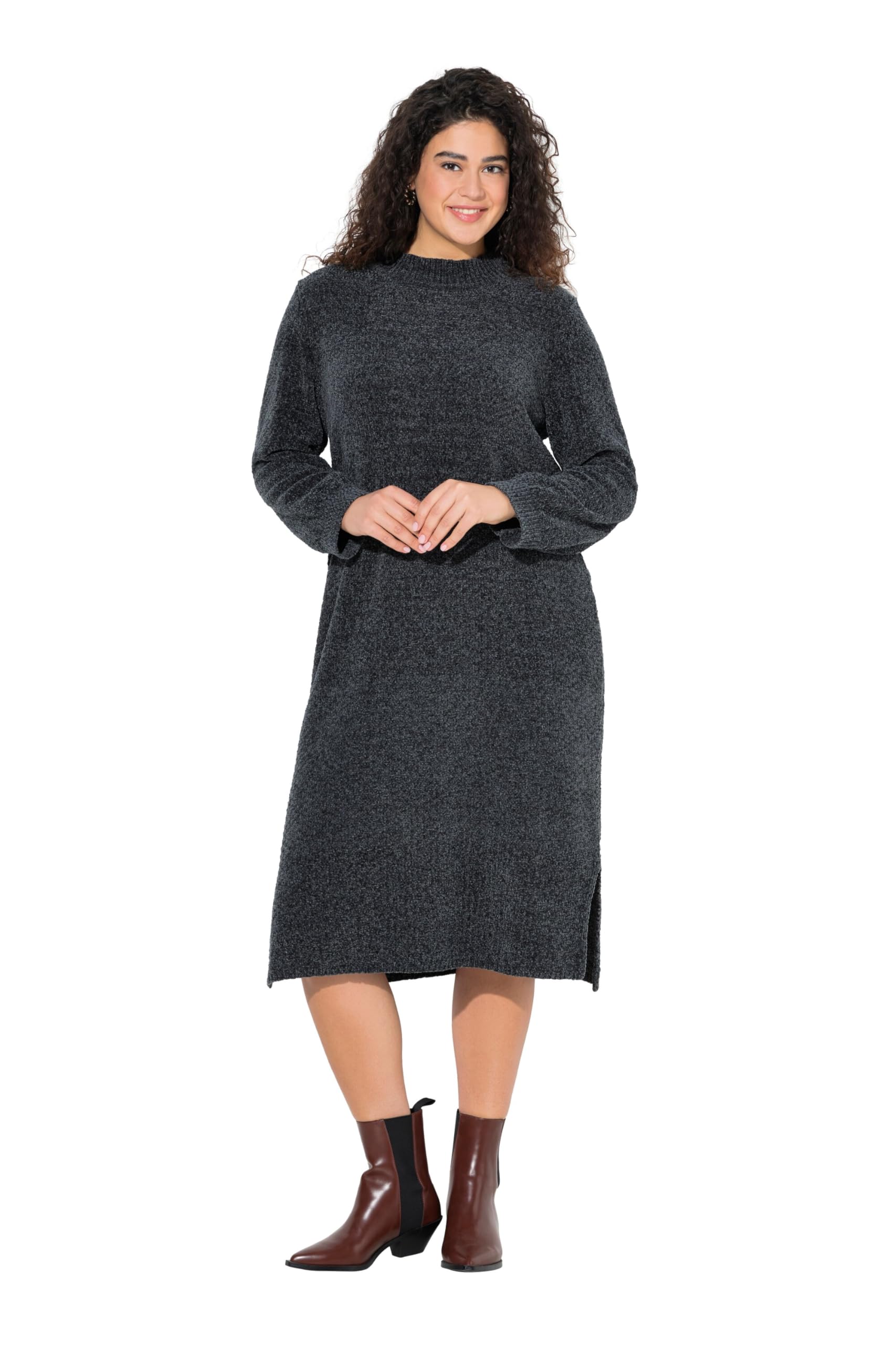 Ulla Popken Damen große Größen Übergrößen Plus Size Chenille-Midikleid, weiter Stehkragen, Langarm 843592