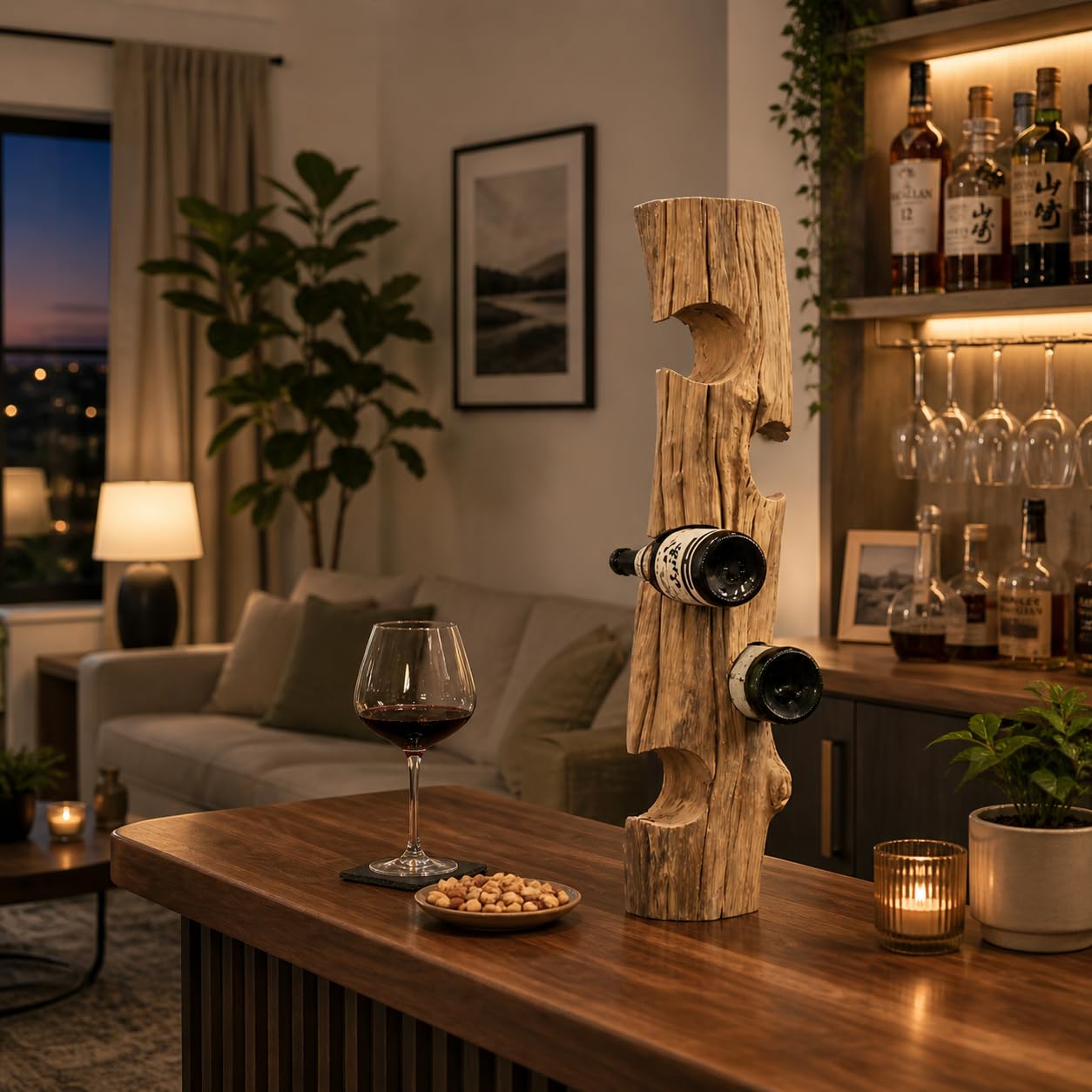 KENYON luxuriöses Weinregal aus Premium-Qualität Teakholz | Handgefertigtes Treibholz-Weinregal für 5 Flaschen – Exklusiv Weinflaschenhalter Holz als dekorativer Weinständer (75×14×14 cm)