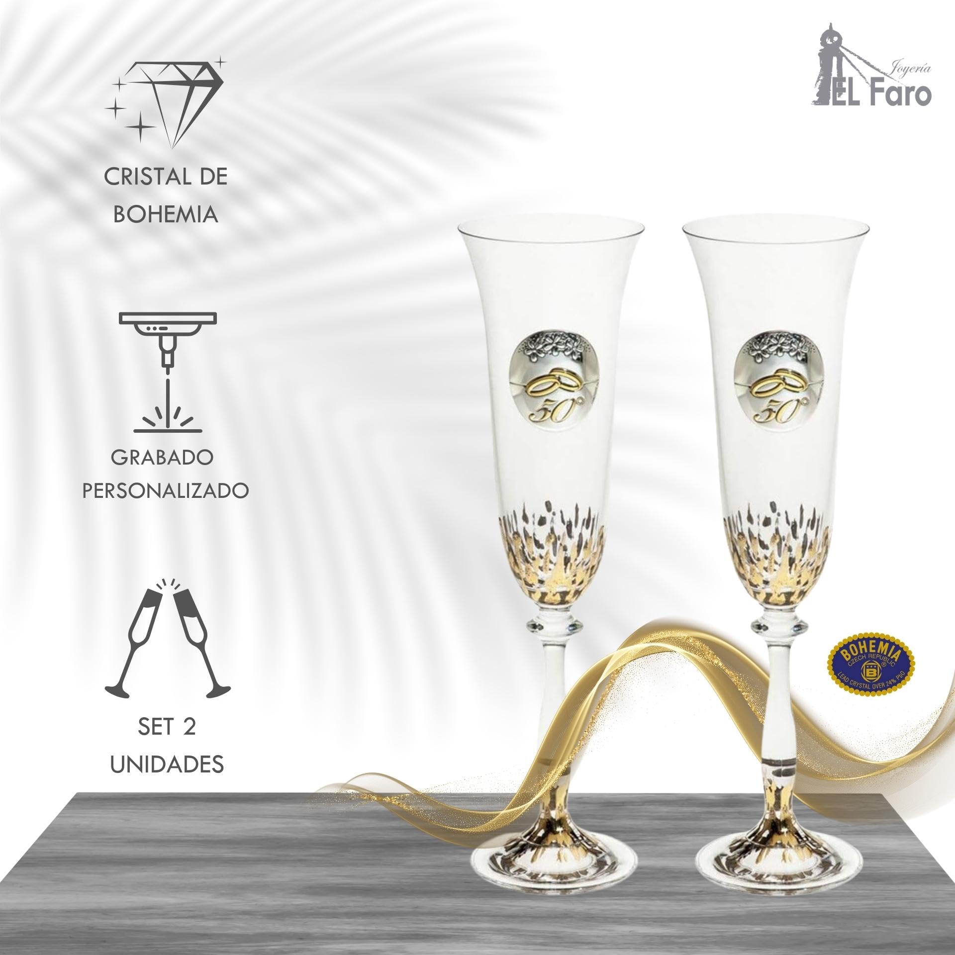 JOYERIA EL FARO Copas 50 Aniversario Bodas de Oro Personalizadas | Cristal de Bohemia de alta resistencia, Estuche premium incluido, Celebra 50 años de amor juntos