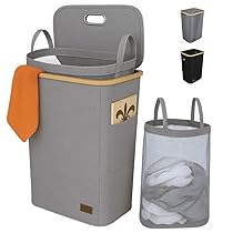 WendyNest® Cesto Portabiancheria 100L con Coperchio – Contenitore Panni Sporchi con Sacca Estraibile, Manici in Bambù e Tasca Laterale – Cesto Panni Elegante e Salvaspazio per Casa – Grigio
