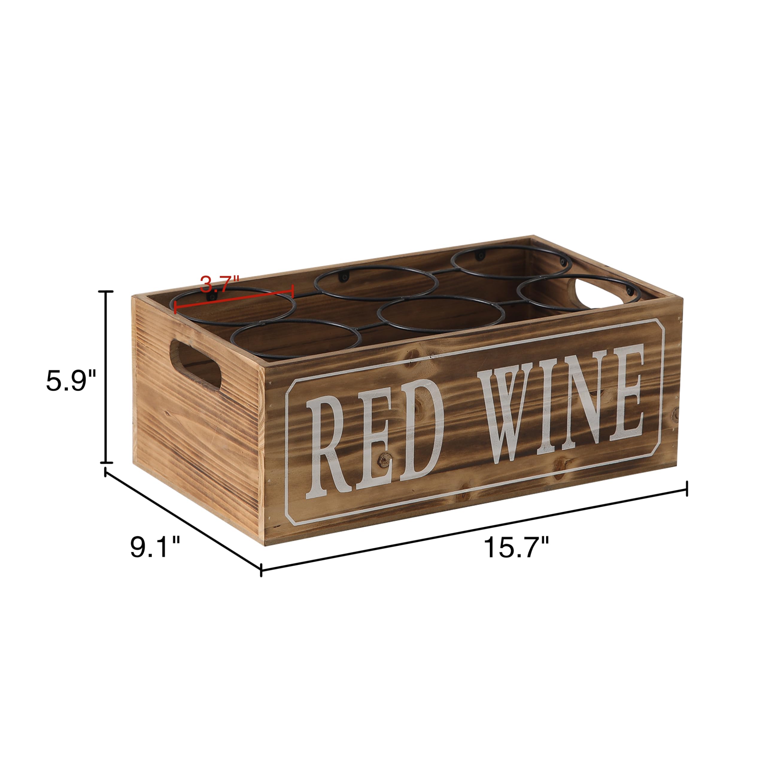 Sintosin Farmhouse Small Wooden Wine Racks Countertop 16 X 9 Inch, Burning Finished Wooden Crates for Display Kitchen, Rustic Red Wine Bottle Holder Decorative (6 Metal Racks, Each Compartment 3.7