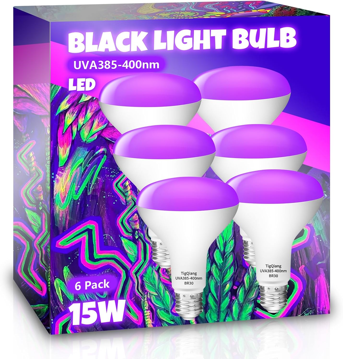 TigQiang 6 Pack Black Light Bulbs, Blacklight Bulb 120W Equivalent, E26