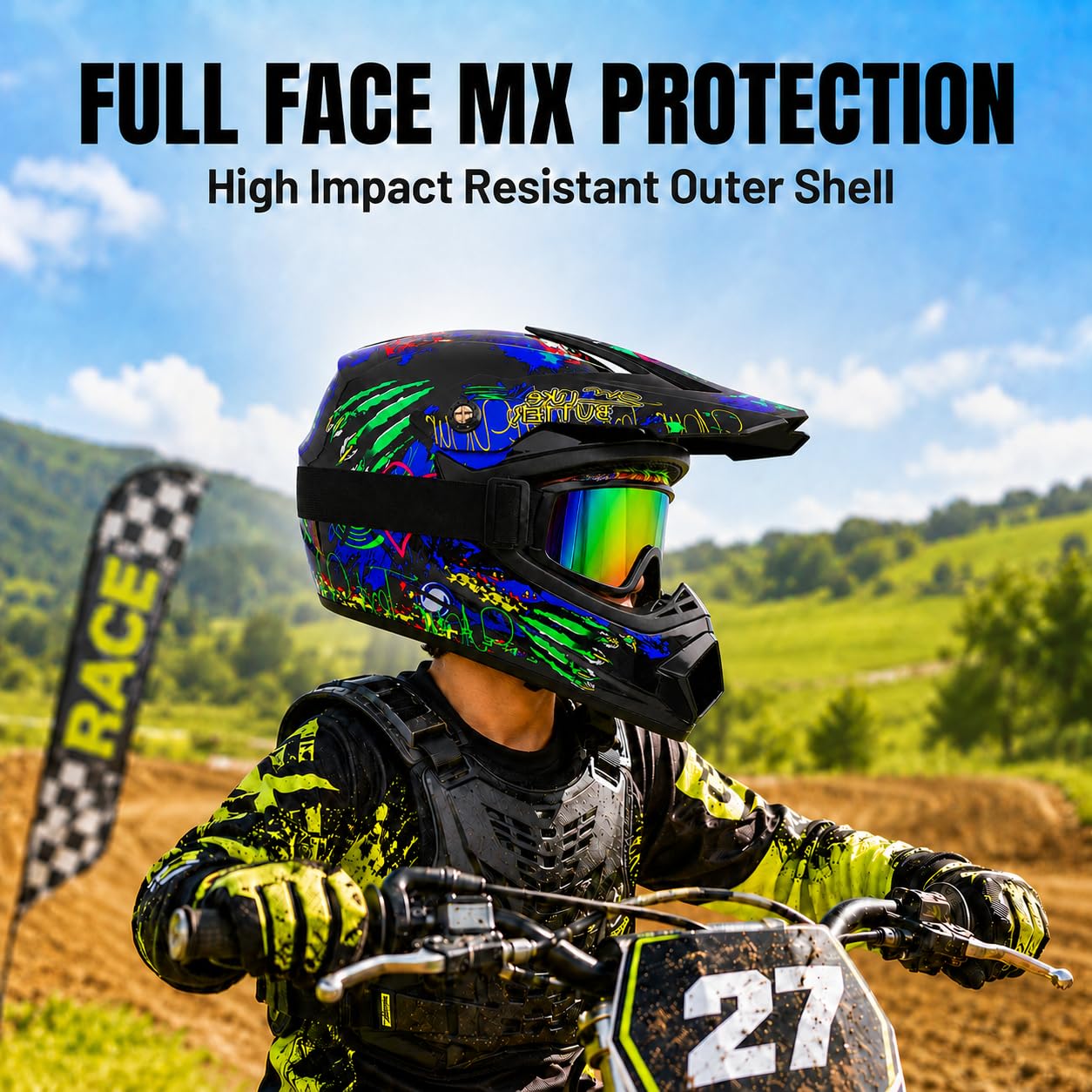 Motocross Helm Kinder, Downhill Motorradhelm für Herren und Damen, Fullface Crosshelm Komplettset mit Handschuhe Maske Brille Inklusive 2 Größen Helmfutter