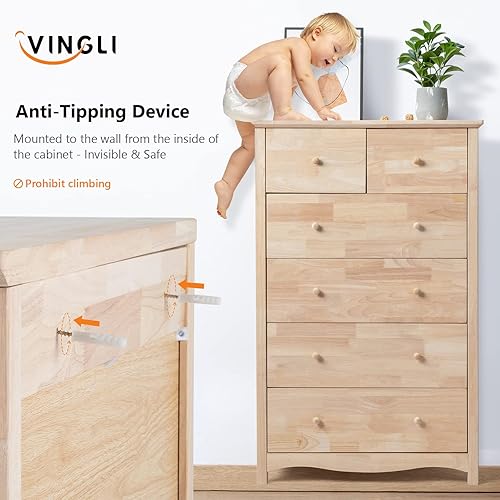 Miniatura 10 de VINGLI Cómoda de 6 cajones sin terminar, cómoda de madera maciza natural, cómoda rústica mejorada con amplias cajoneras de almacenamiento con