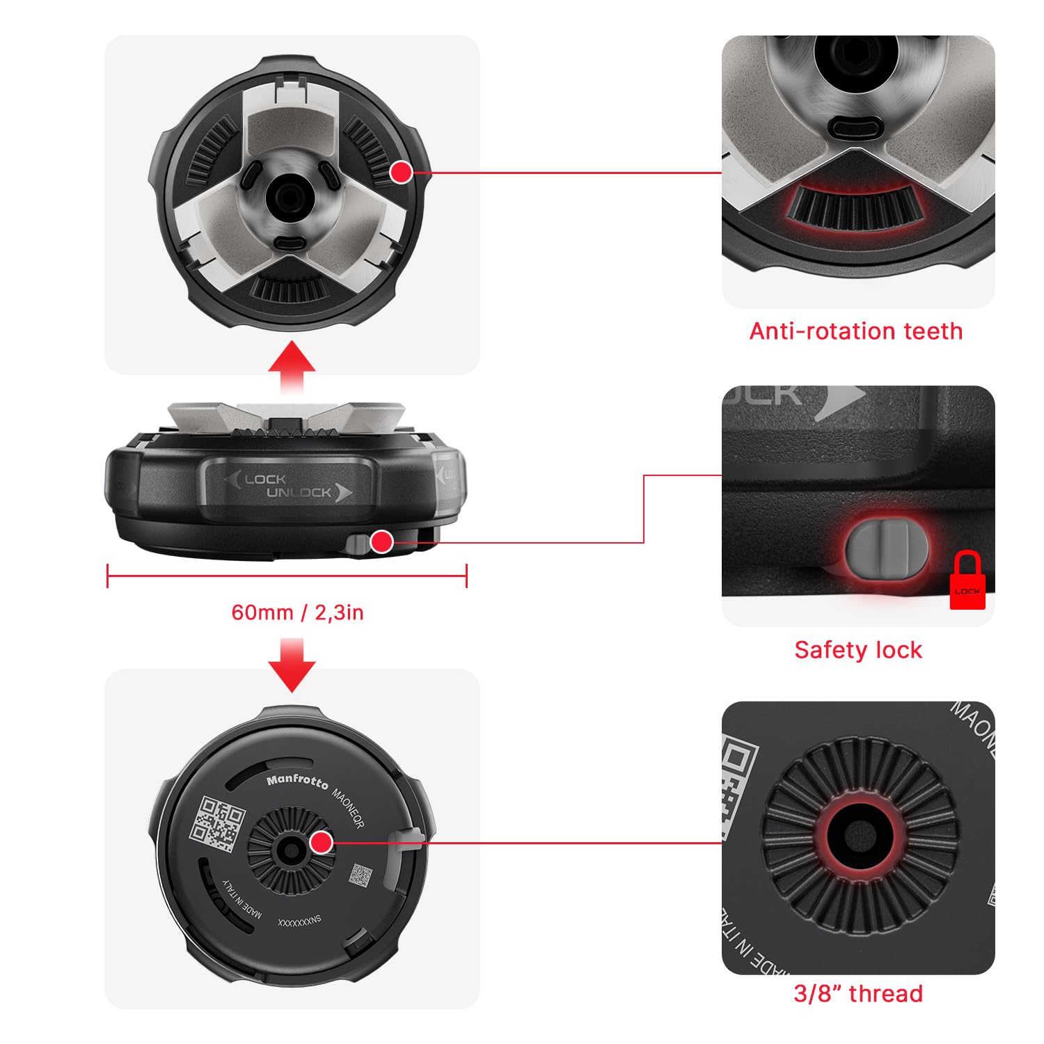 Manfrotto Xchange Base, Montura de Liberación Rápida, Rosca Universal 3/8", Soporta hasta 20 Kg, Compatible con Placa y Cabezales Xchange, para Foto y Vídeo