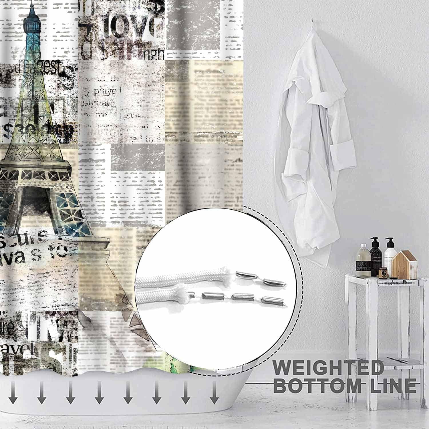 Paris Eiffel Tower Shower Curtain, 72x72 inch Polyester, Retro Old Newspaper Bathroom Curtains, Paris Cityscape Fabric Bathroom Bathtubs Decor Curtain Set with 12 Hook YLWZTP17