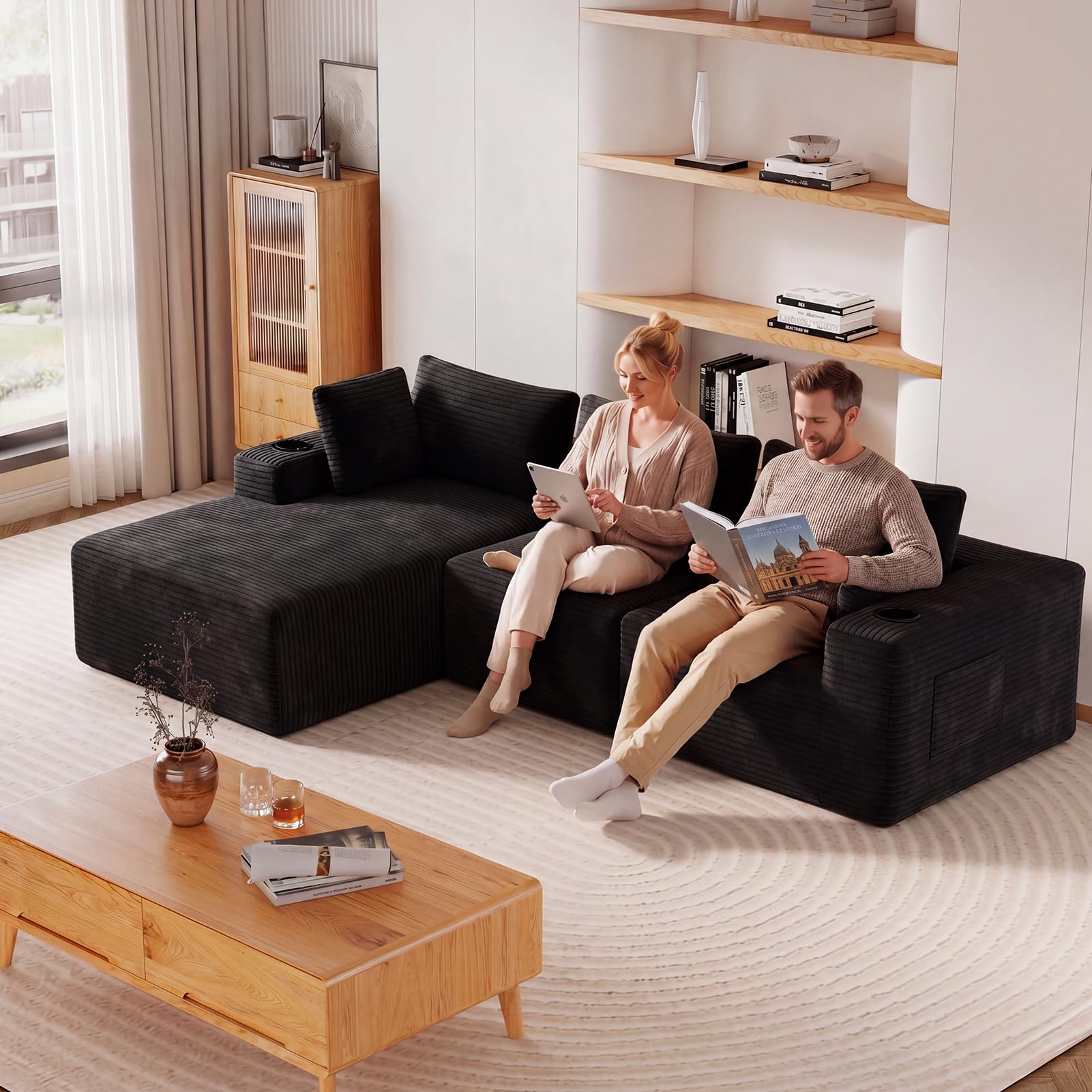 HAUSPROFI Sofá esquinero con función de Dormir, Modular en Forma de L con Funda de Pana – 3 plazas con Recamiere, se Puede Utilizar como sofá Cama de 2 plazas, Embalaje al vacío