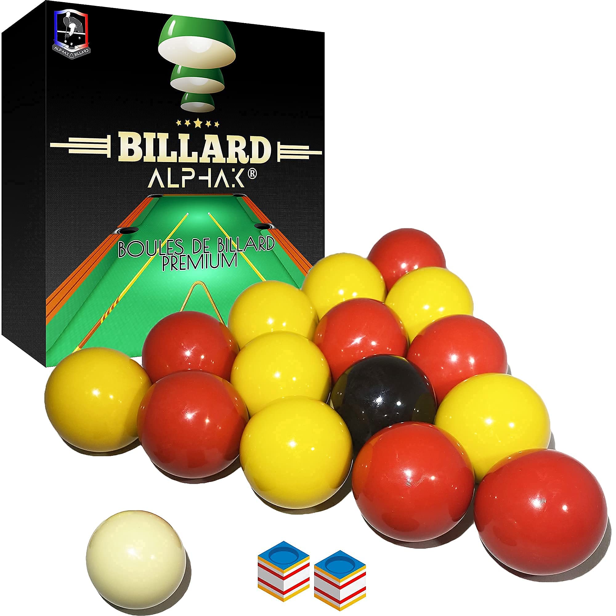 AlphaK Boules de Billard Officiels de Jeu Anglais – Set de 16 Billes Jaune et Rouge de Taille réglementaire 50.8mm + 2 craies Bleues – Accessoires Professionnels de Snooker 5,1cm