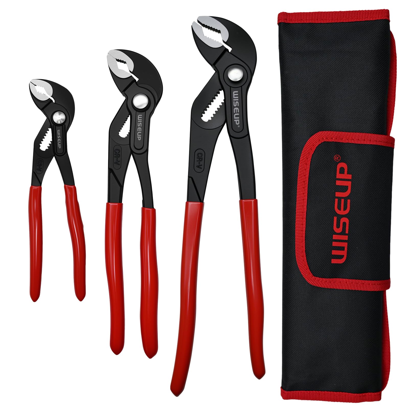 WISEUP 3-Piece Groove Joint Pliers Set - Fast Adjustable 7 & 10 & 12 Inch Water Pumper with Smooth Jaw - Tongue and Groove Wrench for Channel Home Repair, Gripping Nuts, Bolts, Pipe (7+10+12 inch)
