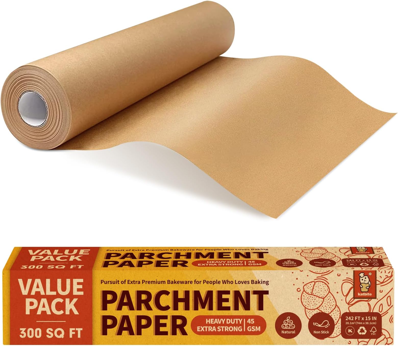 Katbite Unbleached Parchment Paper Roll, 15in x 242ft, 300 Sq.Ft, Non-Stick with Serrated Cutter for Baking, Cooking, Air Fryer