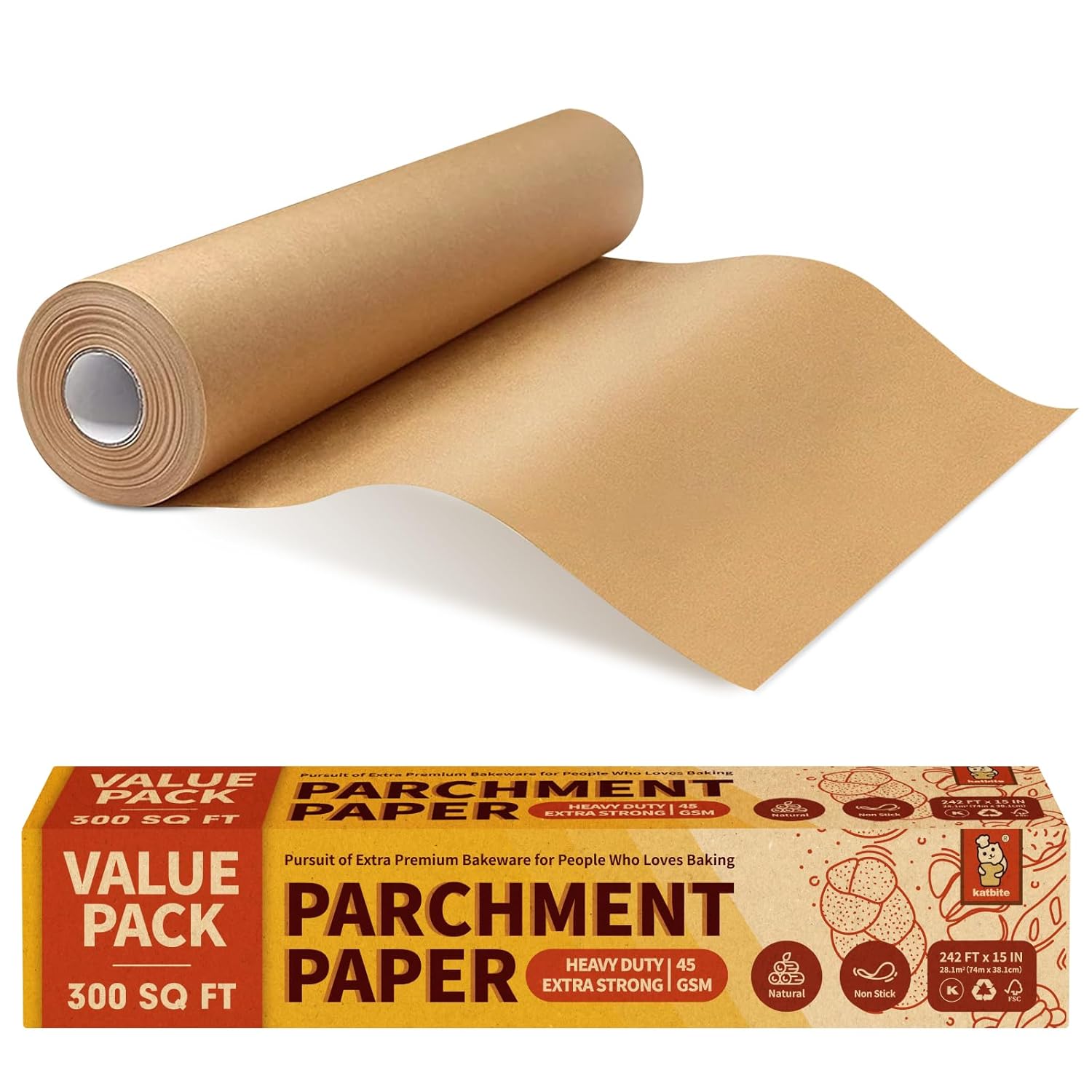 Katbite Unbleached Parchment Paper Roll 15in x 242ft 300 Sq Ft Non-Stick with Serrated Cutter for Baking Cooking