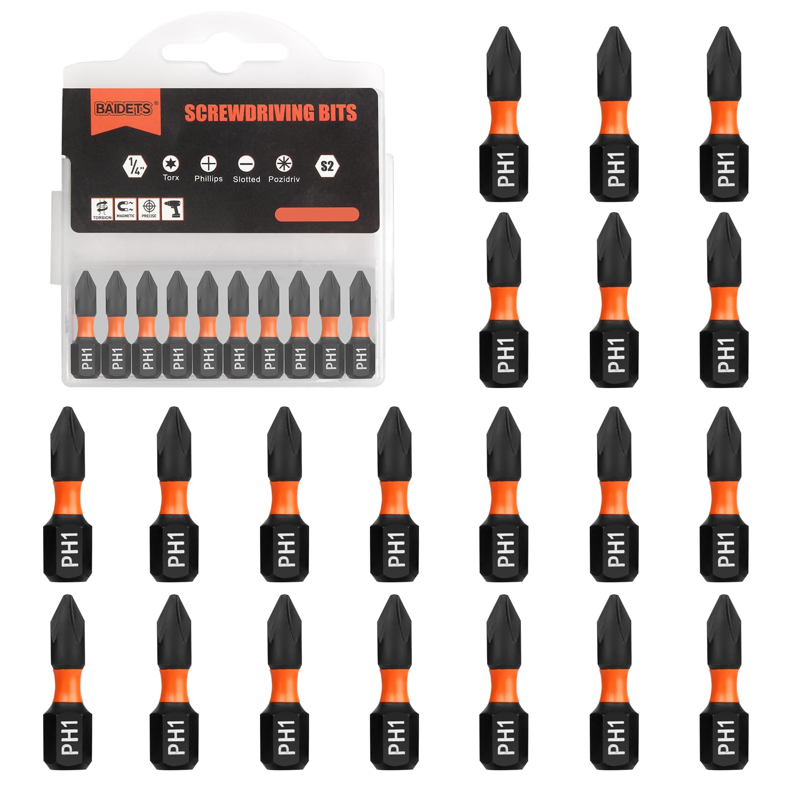 BAIDETS Pro PH1 Bit-Sortiment - Schraubendreher Bits Set 20 Stück, 25mm Länge, Schrauber-Bit, 1/4