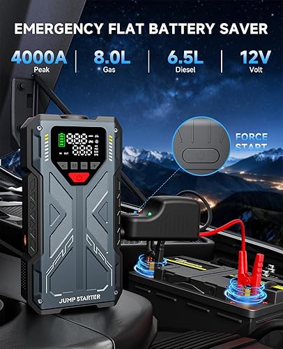 Miniatura 2 de Arrancador con compresor de aire, batería de 4000 A portátil y bomba de aire de inflador de neumáticos de 150 PSI (8.0 L de gas/6.5 L diesel),