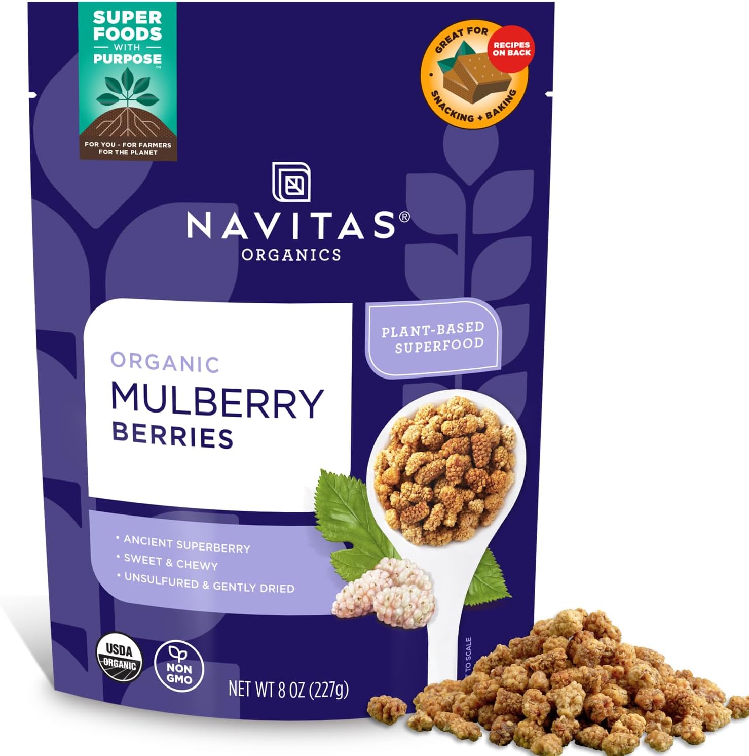 Mulberries – For Healthy Snacks, Topping, Baking & More – Sun Dried White Turkish Mulberries – No Added Sugar – USDA Organic, Non GMO, Gluten Free, Vegan (8oz. Bag, 8 Servings)