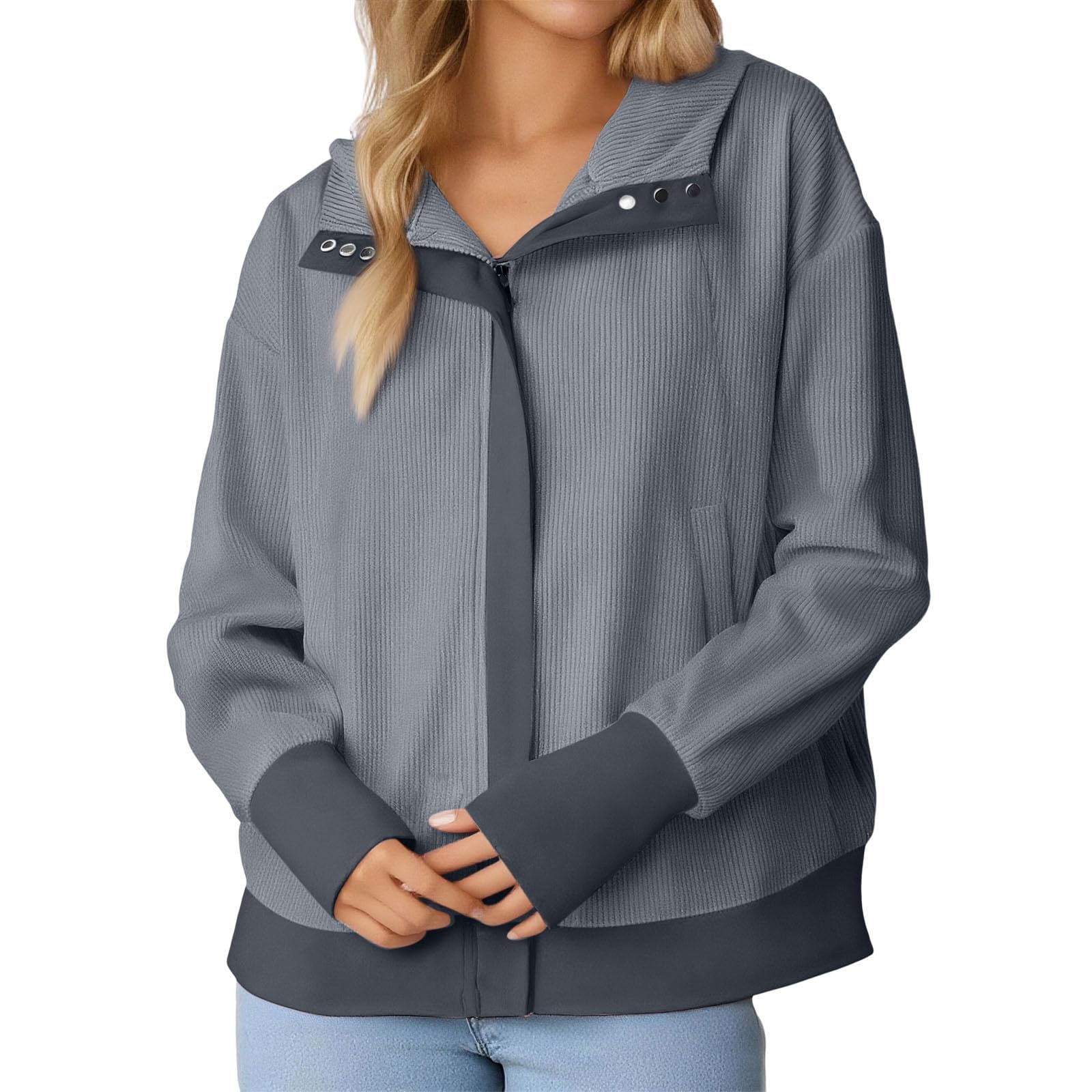 Generisch Cord Jacke Damen Übergangsjacke Grau Cordjacke Mit Kapuze Mantel