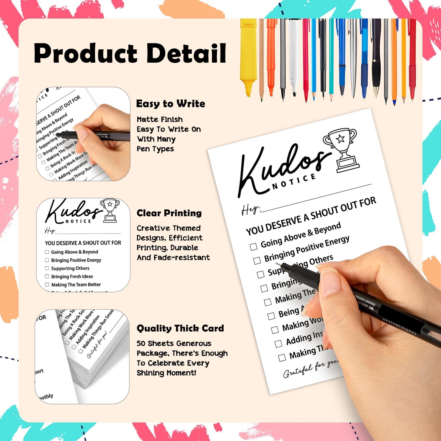Kudos Notice Appreciation Recognition Reward Cards For School or Work Bulletin Board(50 Pack), for Staff Appreciation, Coworkers, Office Staff, Teachers, Students, Team Building Office Morale Booster - Image 3