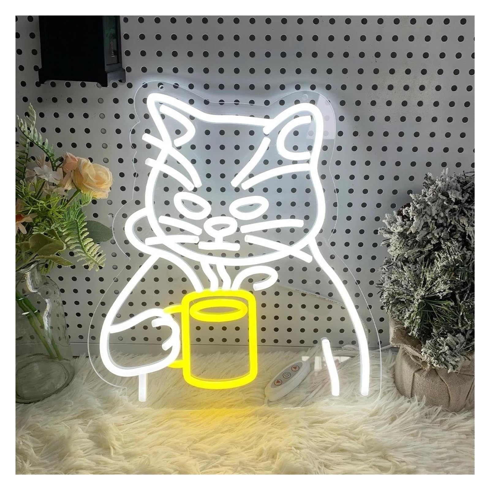 LEMST Sign Lamp Cat Holding A Teacup Neon Signs USB Powered Neon Lights Suitable for Bistro Party Man Cave Decor Glow Sign 31cmx35cm