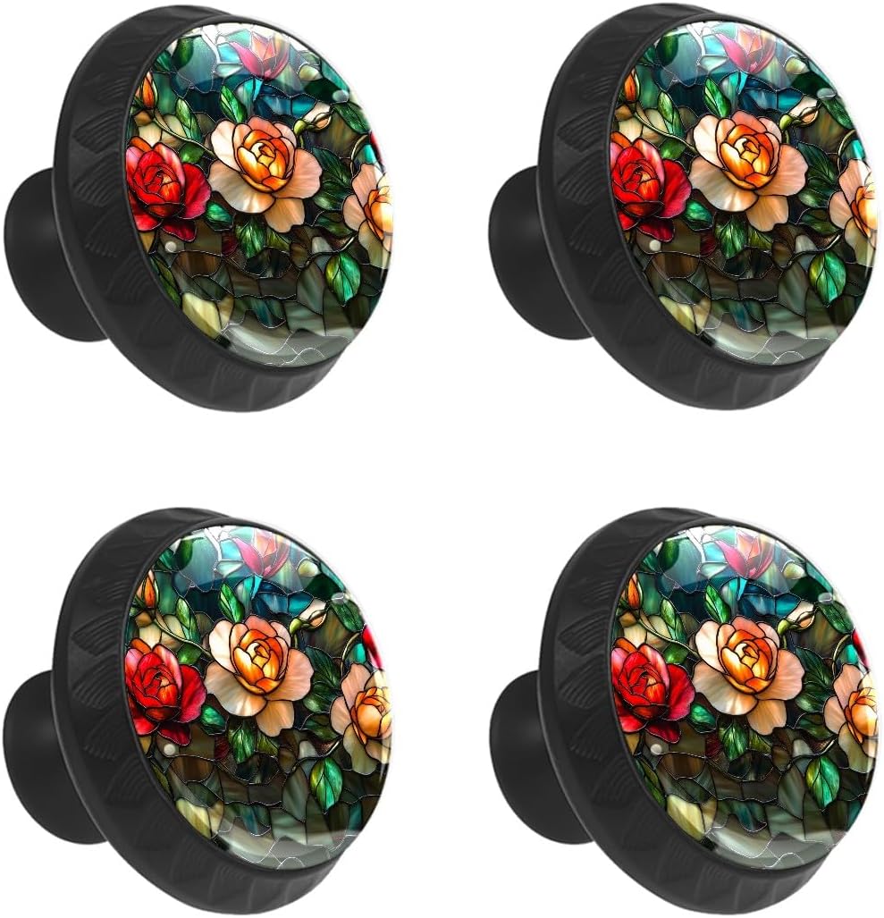 4 Pack Cabinet Knobs Rose Flowers Leaves Drawer Pulls Crystal Glass Round Knobs Handles for Dressers Drawer Bathroom Kitchen Cupboards Wardrobes Hardware Furniture Knobs