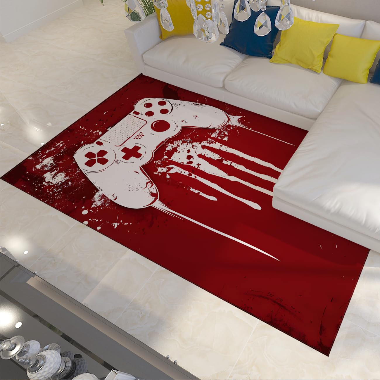 Tapis de chambre gamer 120x150cm antidérapant et lavable aux motifs graffiti rouge abstrait