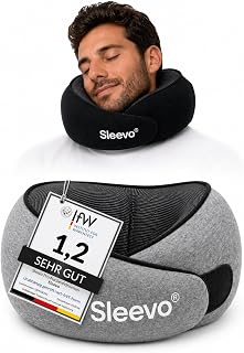 Sleevo Nackenkissen Memory Foam – Nackenhörnchen Reisekissen für Flugzeug, Auto & Reise – Ergonomisches Schlafkissen mit Nackenstütze, Waschbar inkl. Tasche – Grau (L)