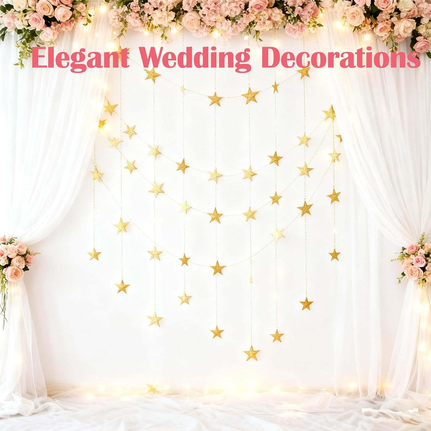 105 Feet Gold Star Garland, 8 Strands Glitter Paper Star String, 2.4 Inch Hanging Star Decorations for Christmas Tree, Birthday Party, Wedding, Ceiling Decor, Gold Paper Stars for Party Decor
