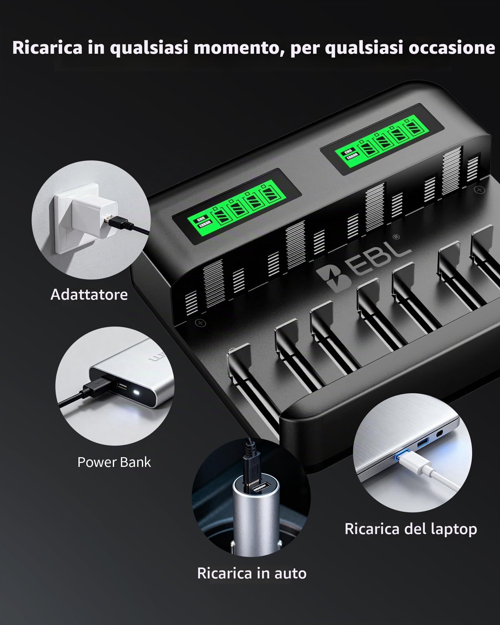 EBL Caricabatterie per batterie AA AAA C D NiMh, ingresso di tipo C, caricabatterie rapido, con display LCD