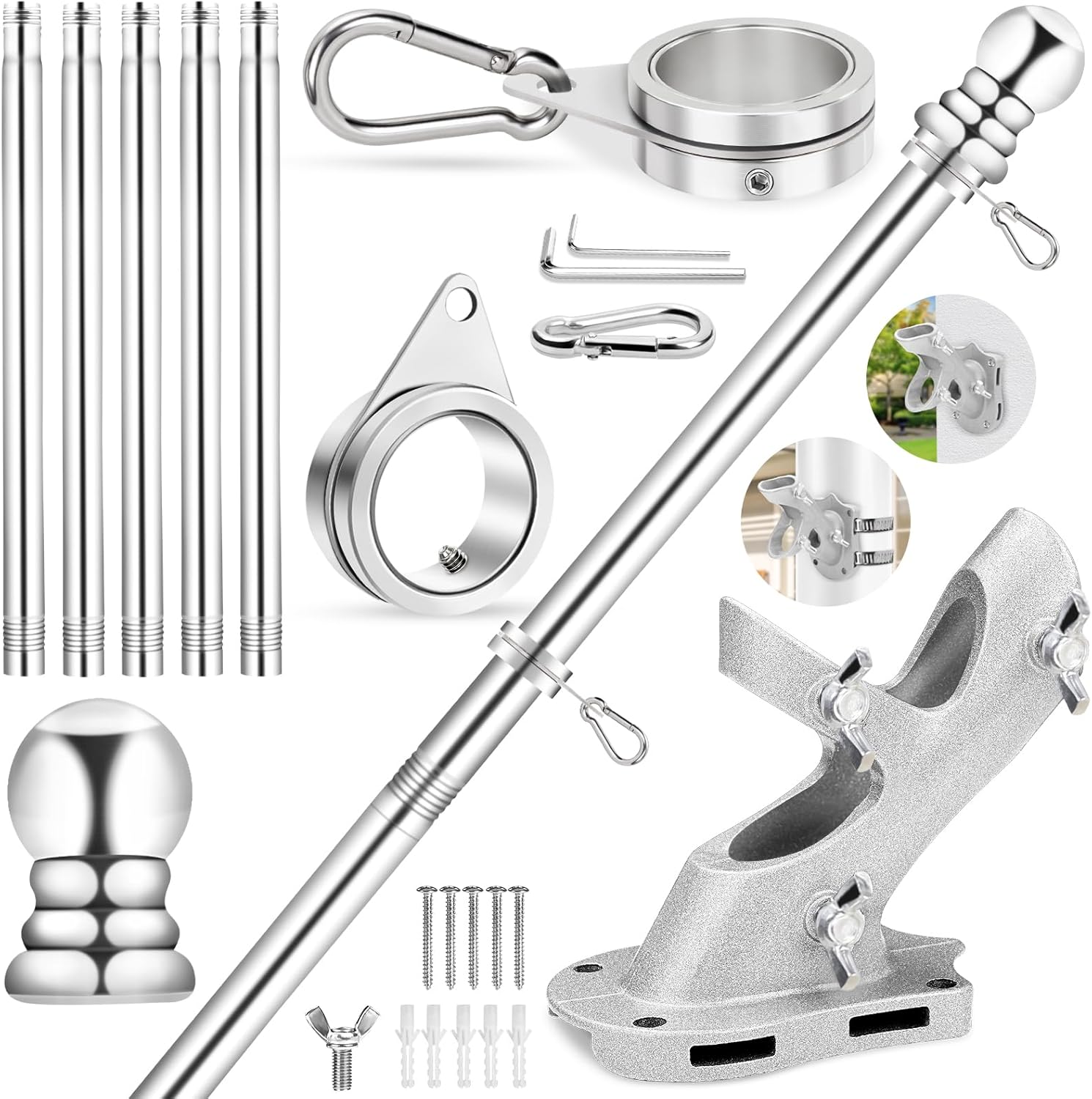 REERON Flag Pole for House, 6 FT Stainless Steel Spinning Flag Pole Kit, 1" Rustproof Porch Flagpole with 360° Tangle Free Metal Flagpole Rings & 2-Position Bracket for Outdoor Sport for 3x5 Flags