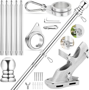 REERON Flag Pole for House, 6 FT Stainless Steel Spinning Flag Pole Kit, 1" Rustproof Porch Flagpole with 360 Tangle Free Metal Flagpole Rings & 2-Position Bracket for Outdoor Sport for 3x5 Flags