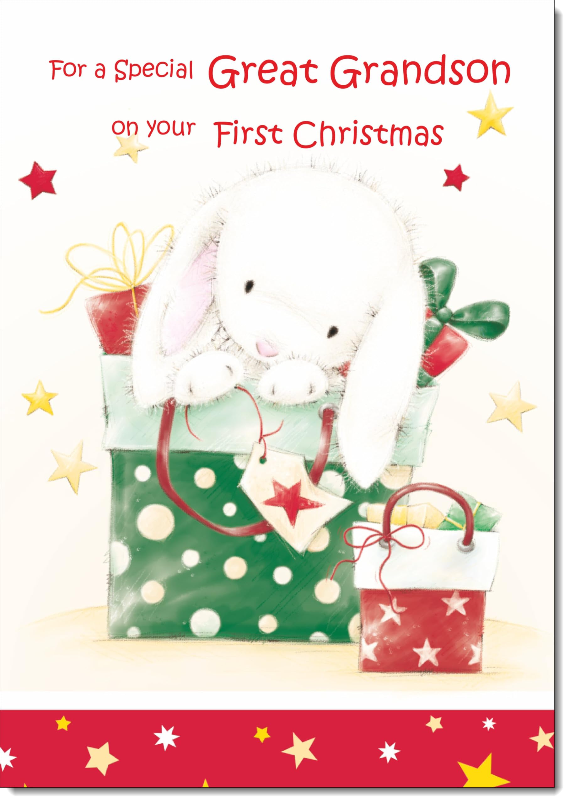 doodlecards Great Grandsons 1st First Christmas Card Cute Rabbit with Parcels Large A4 Size Christmas Card for Great Grandsons 1st with Plain Envelope — image 1