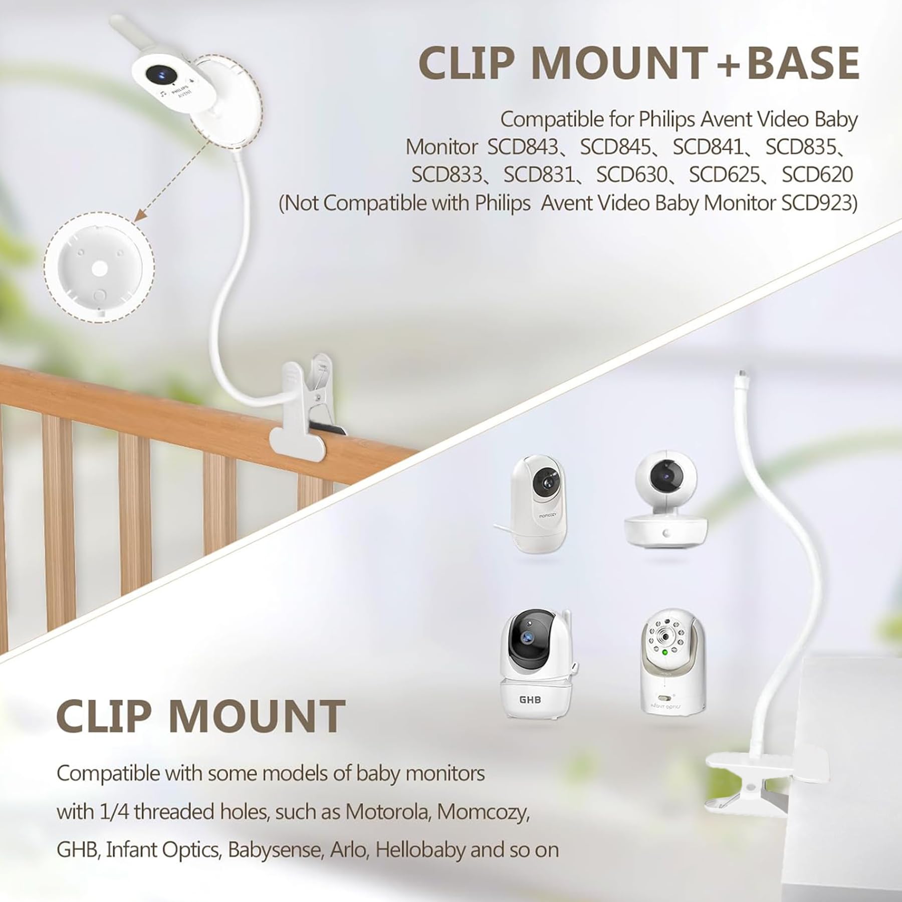 Supporto per baby monitor video per Philips Avent Babyphone SCD843/26, SCD833/26, SCD630/26, adatto per tavoli e culle con uno spessore inferiore a 4,5 cm (supporto a clip)