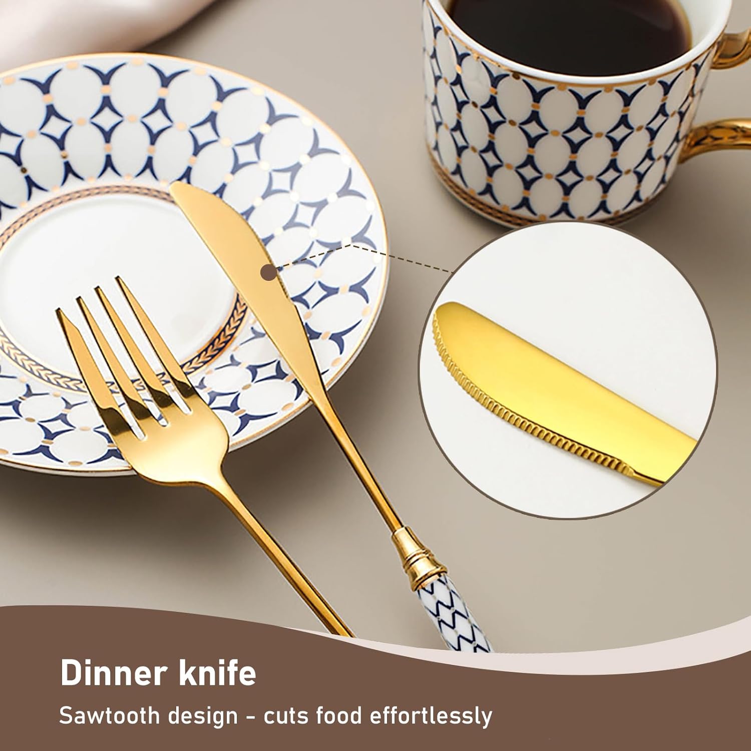 30-piece luxury gold flatware set for 6, 18/8 stainless steel silverware set, cutlery set with ceramic handle，forks and spoons for family wedding party，dishwasher safe