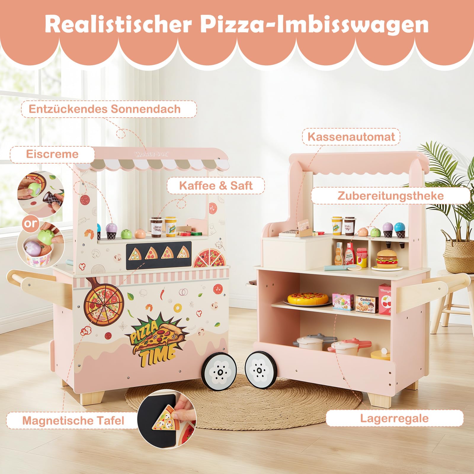 COSTWAY Drewniany wózek do lodów dla dzieci, wózek do pizzy z 41 akcesoriami, w zestawie zestaw do pizzy i lody, sklep z piekarnikiem, tablica magnetyczna i automat kasowy, sklep z lodami do pizzy dla