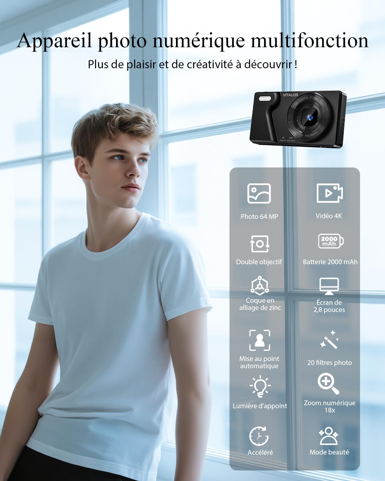 Appareil Photo Numérique 64MP 4K avec Double Objectif, Écran LCD 2,8", Batterie 2000 mAh, Coque en Alliage de Zinc, Zoom Numérique 18X pour Adolescents, Débutants(Noir,Pas DE Carte SD)