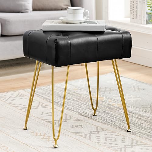 LUE BONA Taburete rectangular moderno de piel sintética silla de tocador para sala de maquillaje reposapiés otomano negro banco de entrada con patas