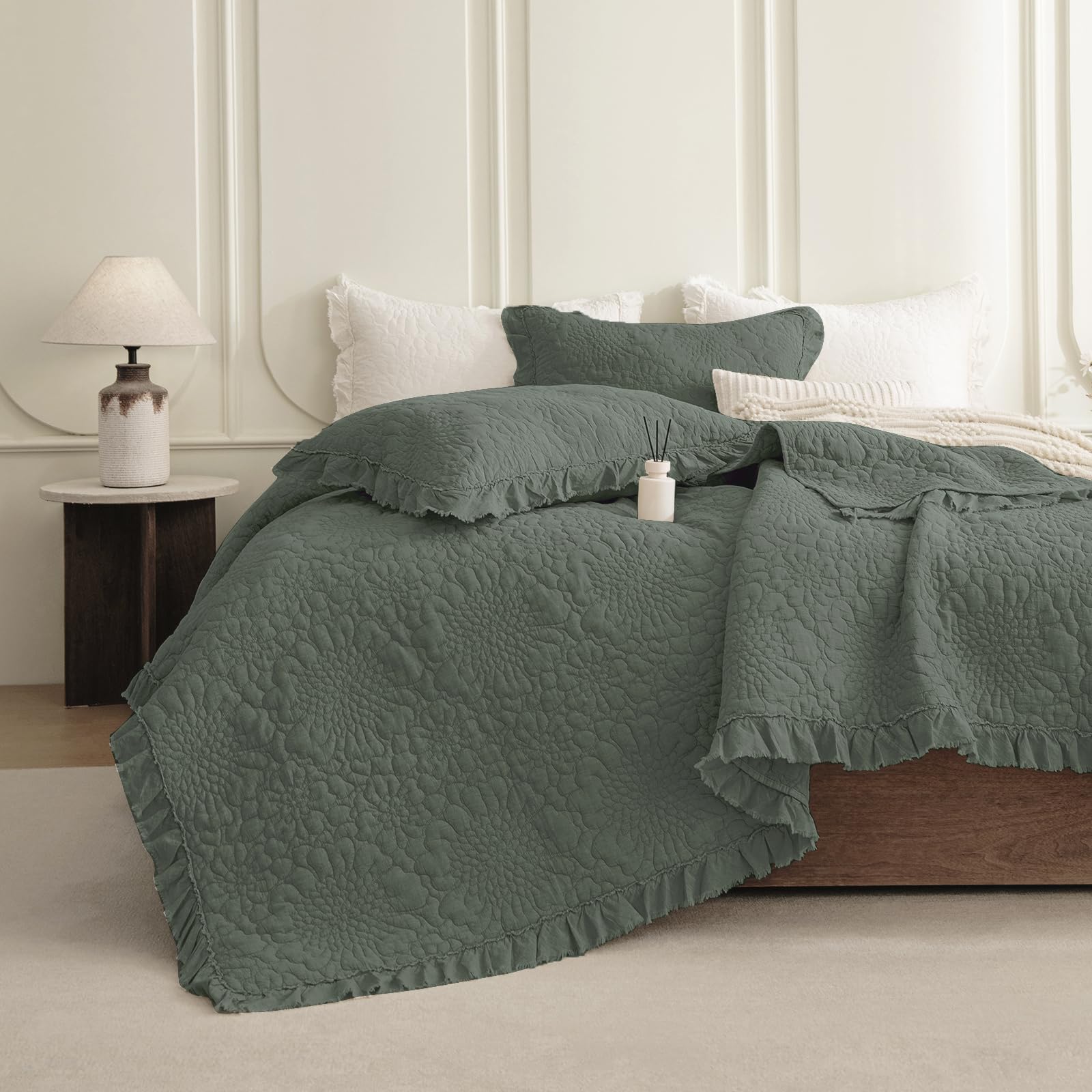 Photo 1 of QSH Dark Green Oversized King Quilt Bedspread Set(128"x120"),3PCs Stonewashed Cotton Farmhouse Ruffled Bedspread California King,Shabby Soft Lightweight Crinkled Quilt Coverlet Bed with Pillow Shams