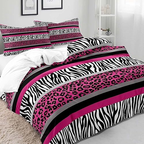 Miniatura 3 de LUVIVIHOME Funda de edredón de leopardo rosa intenso de 3 piezas, ropa de cama para niñas adolescentes, funda de edredón a rayas blancas y negras,