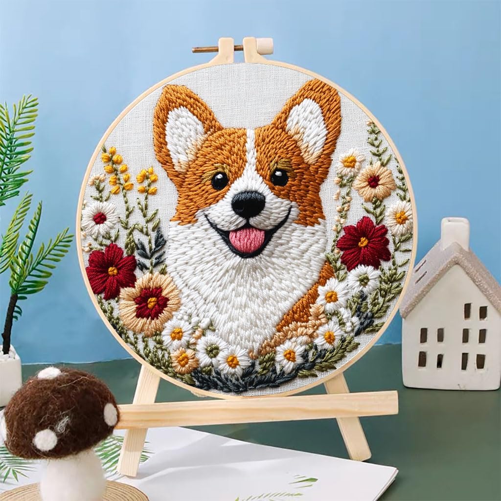 Punch Needle Kits Corgi Dog in Flowers Embroidery Starter Set with Hoop Easy for Beginners DIY Stress Relief Handmade Craft Hobby and Home Decor 20x20cm-3
