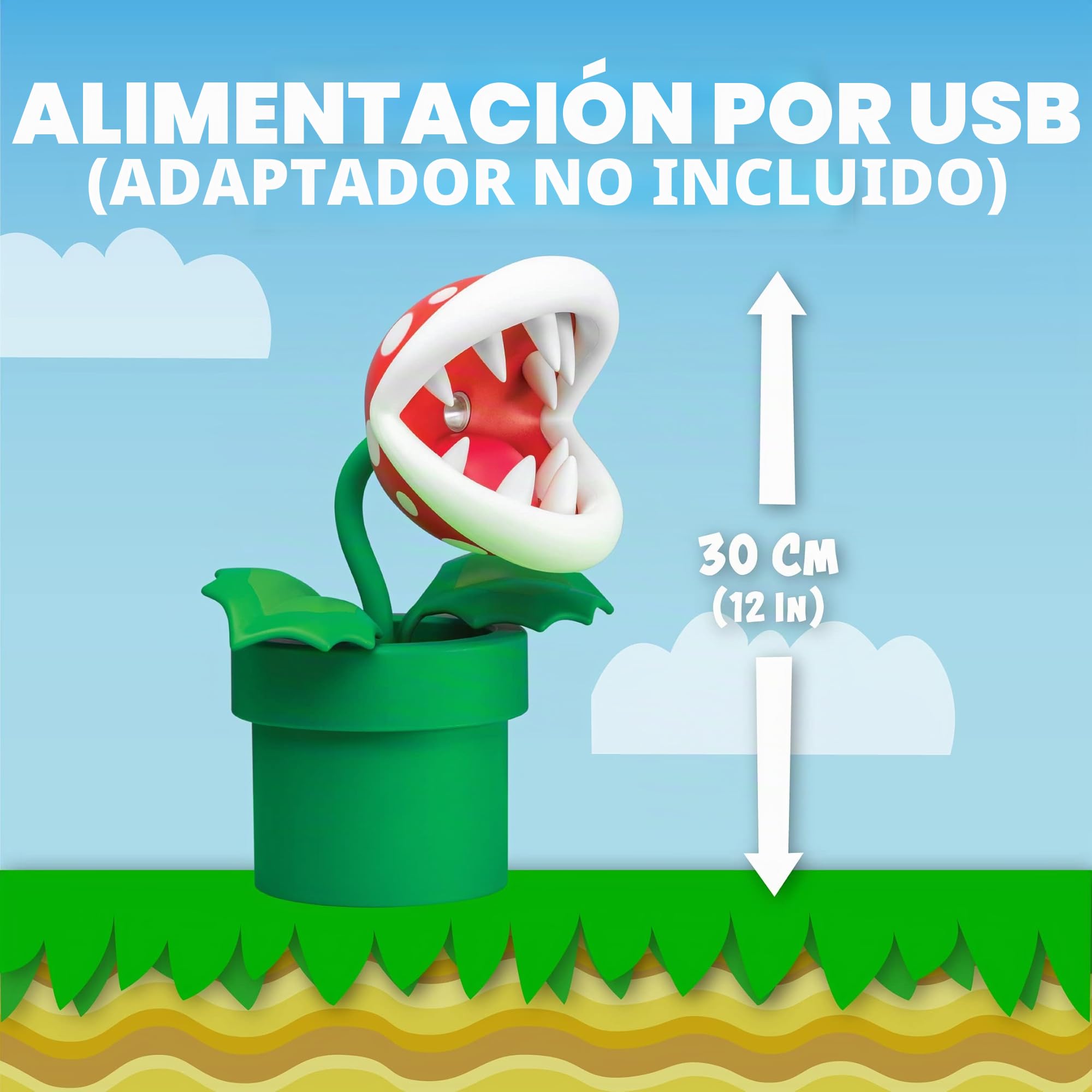Paladone Lámpara Piraña Super Mario Bros - Lámpara LED Oficial con Cabeza Móvil, 33cm, Funciona con USB