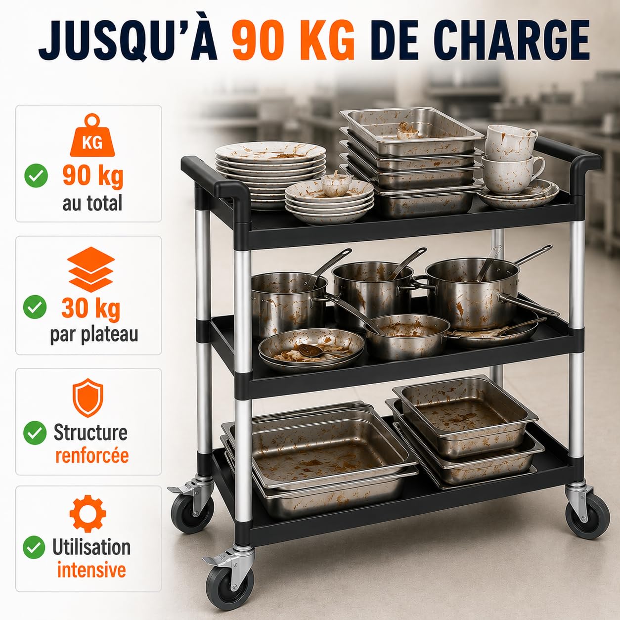 Chariot de Débarrassage Professionnel 3 Niveaux – 90 kg – 81 x 43,5 x 91 cm – Chariot de Service à roulettes pour Restaurant, Hôtel, Collectivité, Cuisine Professionnelle