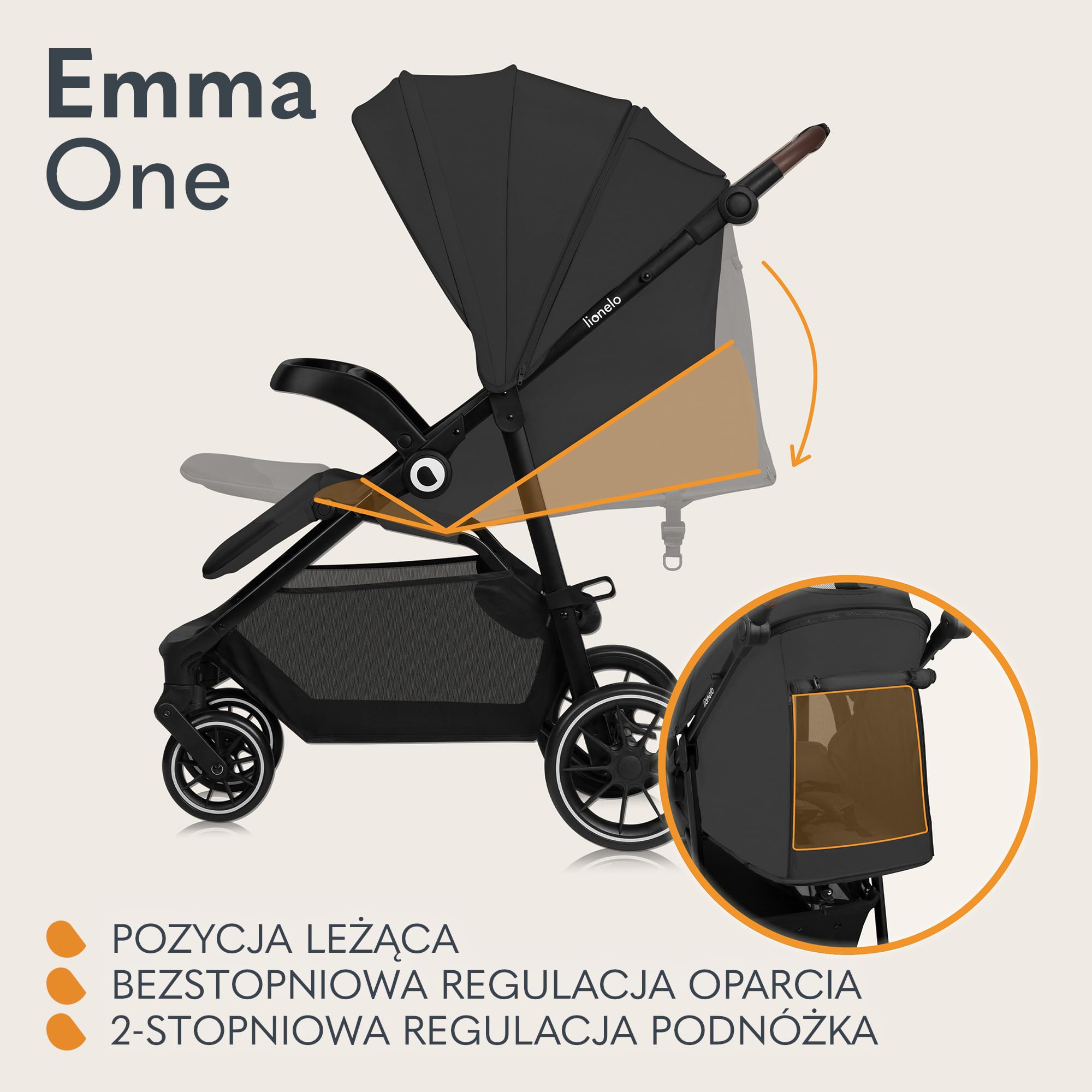 LIONELO EMMA ONE Spacerowy Wózek Dziecięcy do 22 kg od 6 m do 4 lat Obrotowe Koła 360° Pełna Amortyzacja Składany Jedną Ręką Regulacja Oparcia i Podnóżka Daszek XXL UPF50+