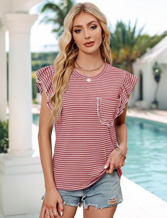 JUSTFASHIONNOW Womens Summer Top Striped T-Shirt Ruffle Short Sleeve Blouse