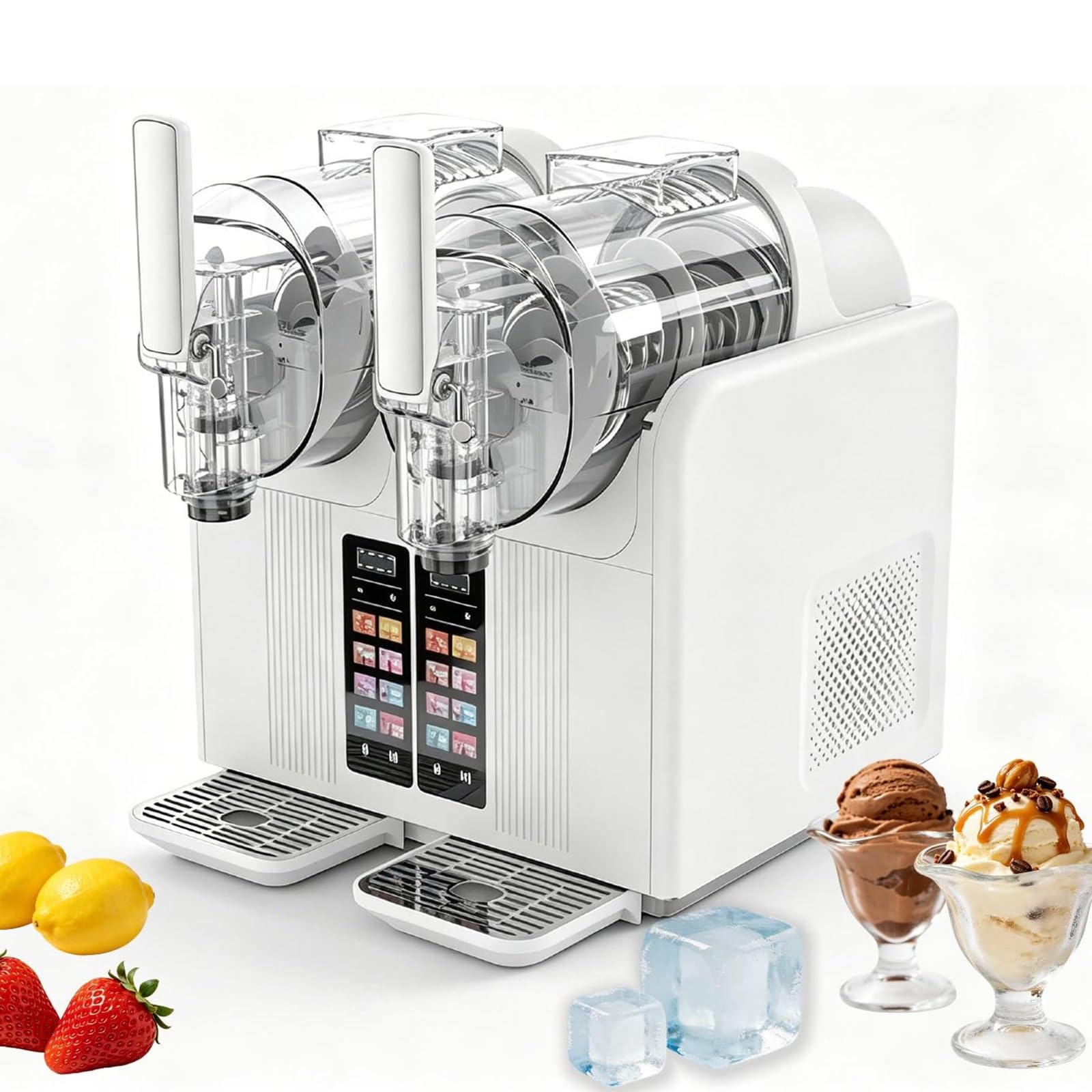 Macchina Professionale per Granite e Soft Serve a Due Vasche White | Non Richiede Ghiaccio, 7 Programmi Preimpostati, Autopulizia, Doppio Serbatoio da 2x2 L, Temperatura Regolabile