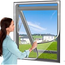 Magnetic Window Screen Repalcement Adjustable DIY Window Net Mesh Max 39 x 59 Fiberglass Mesh for House Windows with White Frames White Mesh