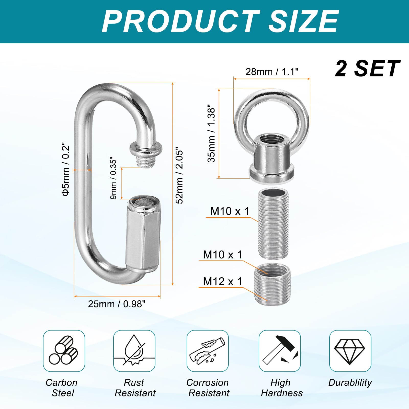 PATIKIL M10 Fine Thread Lamp Female Loop Holder with M12 Adapter Chain Quick Link - Image 2