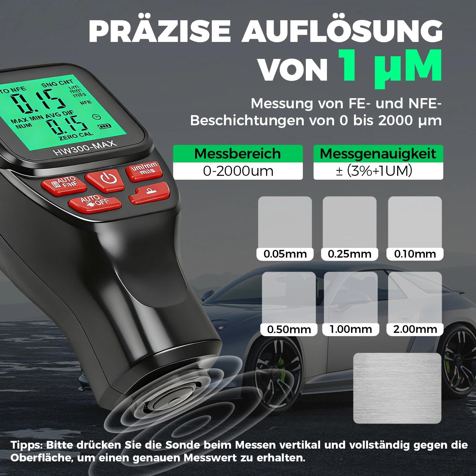 Digitales Schichtdickenmessgerät, 0-2000µm Lackmessgerät Auto Lackdickenmessgerät für Auto, Einheitenumrechnung (µm/mm/mils), ABS Lackschichtdickenmessgerät zum Messen (Black)