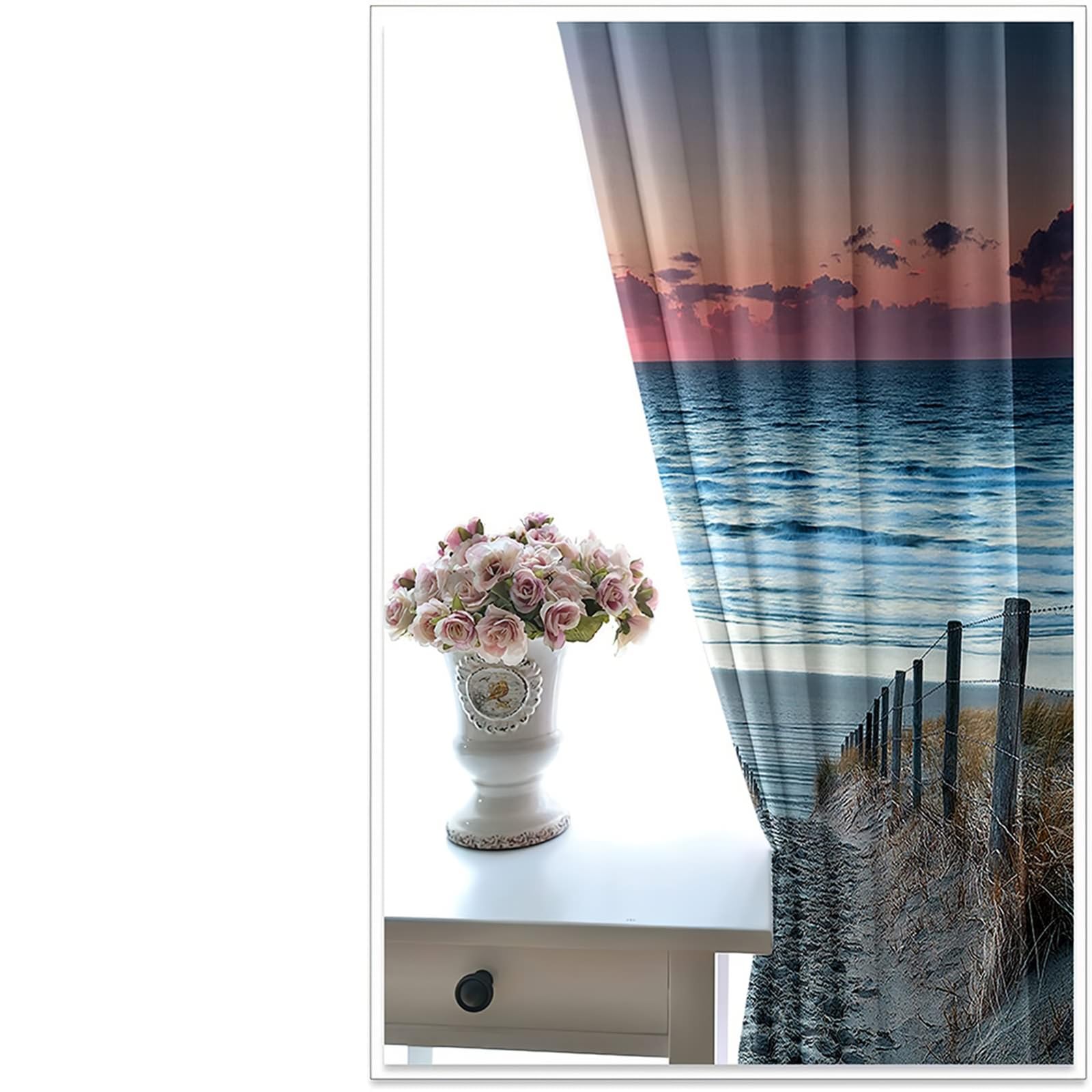 Vorhänge Verdunklung 115 cm Lang, Verdunkelung Gardinen mit Ösen 2er Set Grau Orange Sonnenuntergang Meer und Strand Weg Landschaft Vorhang für Schlafzimmer Wohnzimmer, 86x115 cm(BxH)