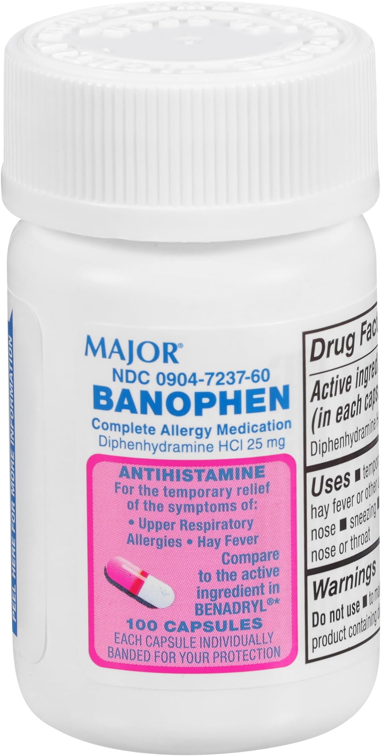 MAJOR Banophen Diphenhydramine HCI 25 mg Capsules - Temporarily Relief from The Symptoms of Hay Fever and Upper Respiratory Allergies - Antihistamine - Allergy Medicine - 100 Count (1 Pack)