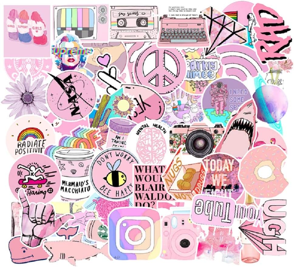 53 Pcs Street Fashion Sticker Decals for Laptops Cars Water Bottle Luggages Ipad Street Doodle Sticker Set Waterproof Sticker (Pink)