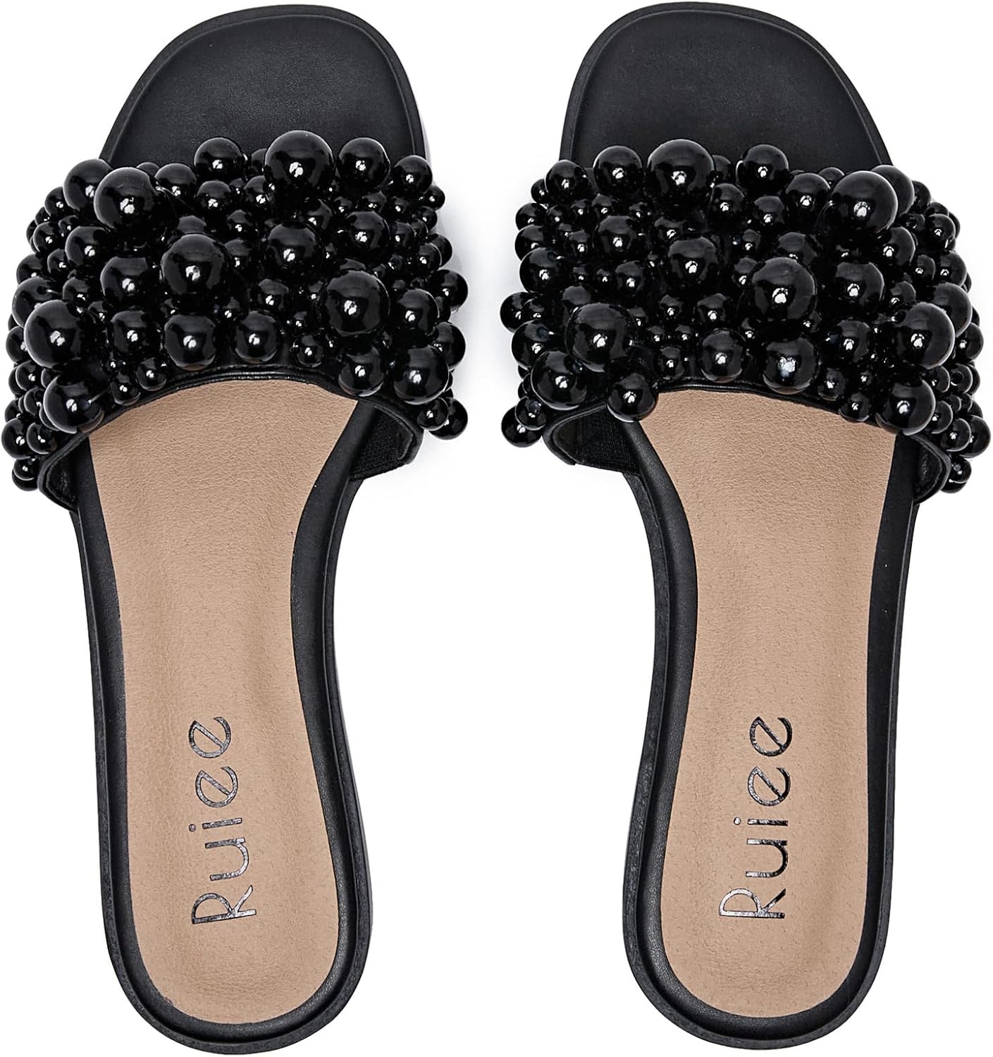 Flat Slides Sandals for Women, Pearl Decor Slide Sandal Sparkly Bling Dressy Comfortable Casual Bride Wedding Summer Slip on Womens Sandals.